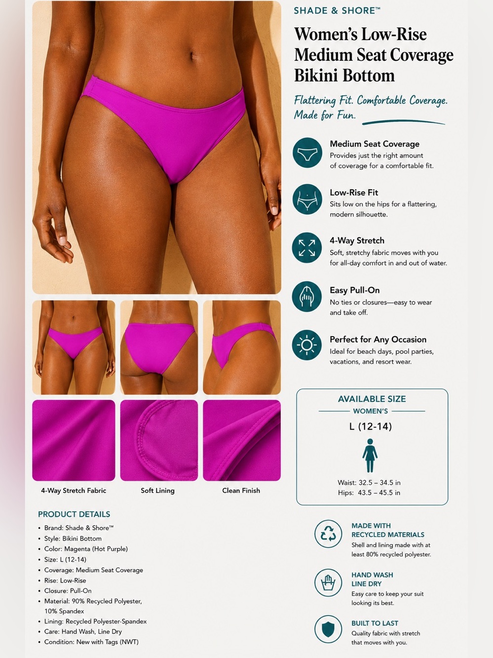 Shade & Shore Vibrant Magenta Women's Low-Rise Bikini Bottom